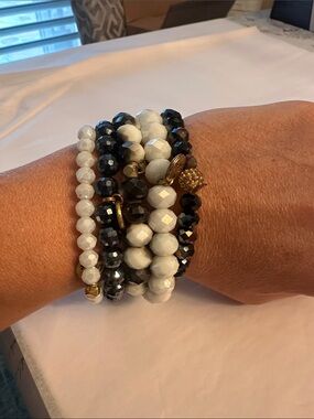 Erimish Black, White & Gold Faceted Bead Stack Bracelet Set